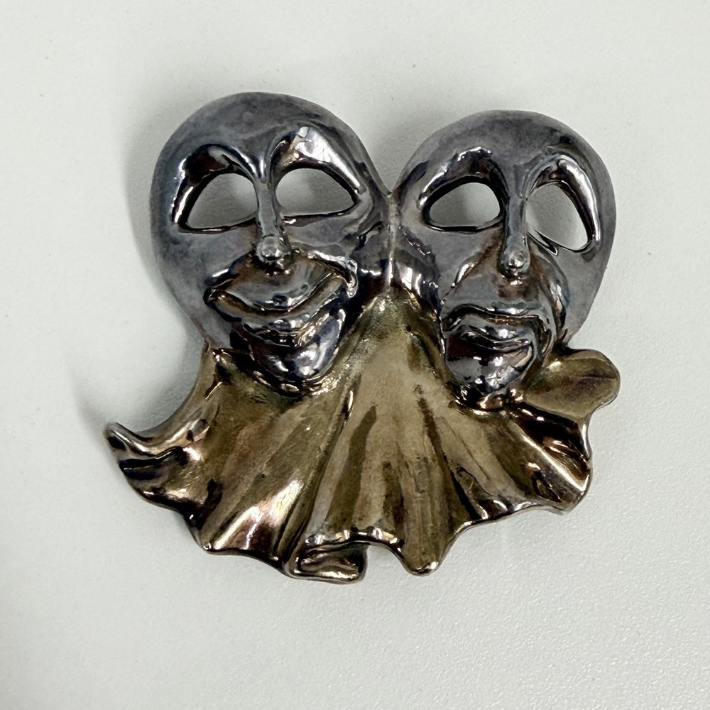Vintage Sterling Comedy Tragedy Mask Theatre Pin 2 Tone Silver & Gold Wash 18 Gr